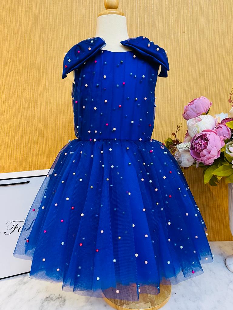 Blue Party Wear Dress with Multicolored Pearl & Beads – Liba Fashion