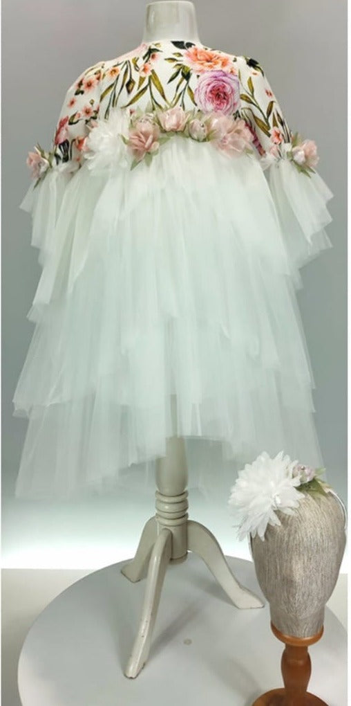 Gorgeous Designer Flower Printed White High Low Party Dress – Liba Fashion