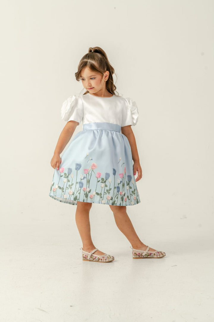 Liora Girls White & Blue Floral Party Dress with Puff Sleeves
