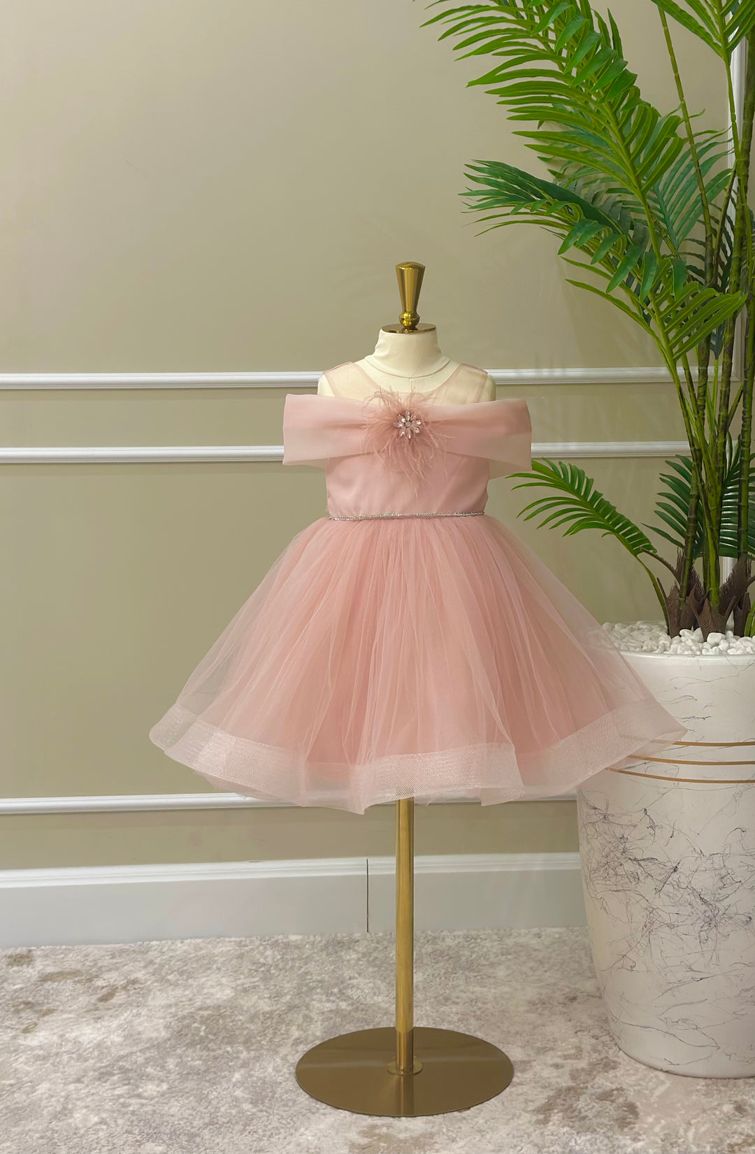 Naomi Girls Blush Pink Feather Party Dress