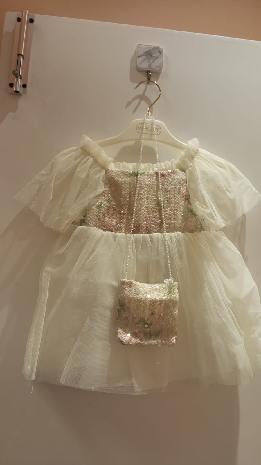 Nihan Baby Girls Off-White Net Party Dress with Sling Bag