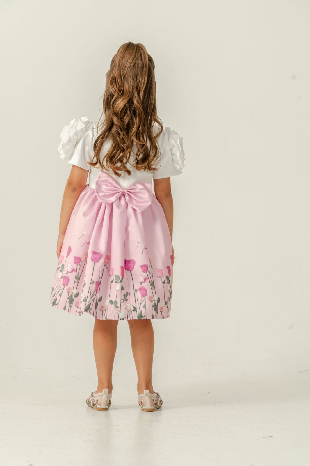 Liora Girls White & Pink Floral Party Dress with Puff Sleeves