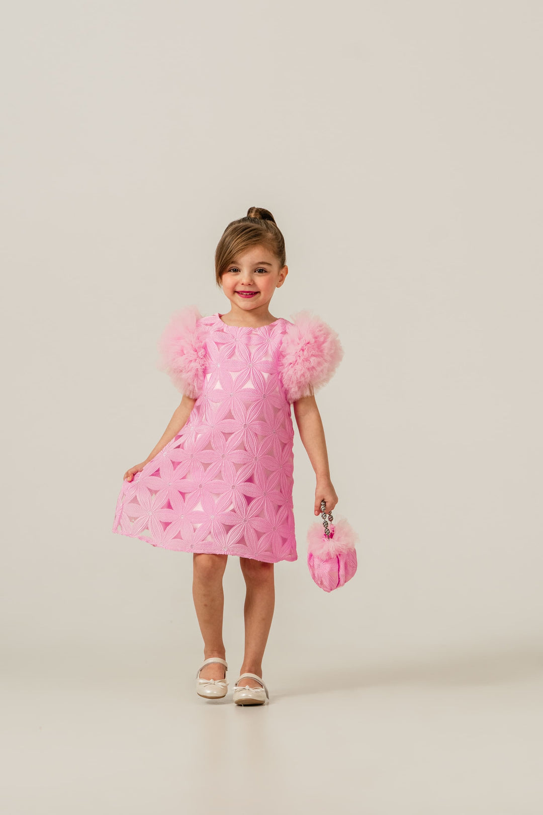 Valentina Girls Pink Textured Party Dress with Fluffy Sleeves
