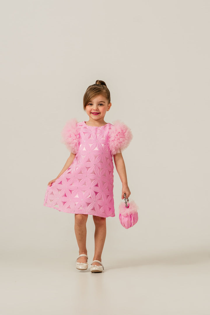 Valentina Girls Pink Textured Party Dress with Fluffy Sleeves