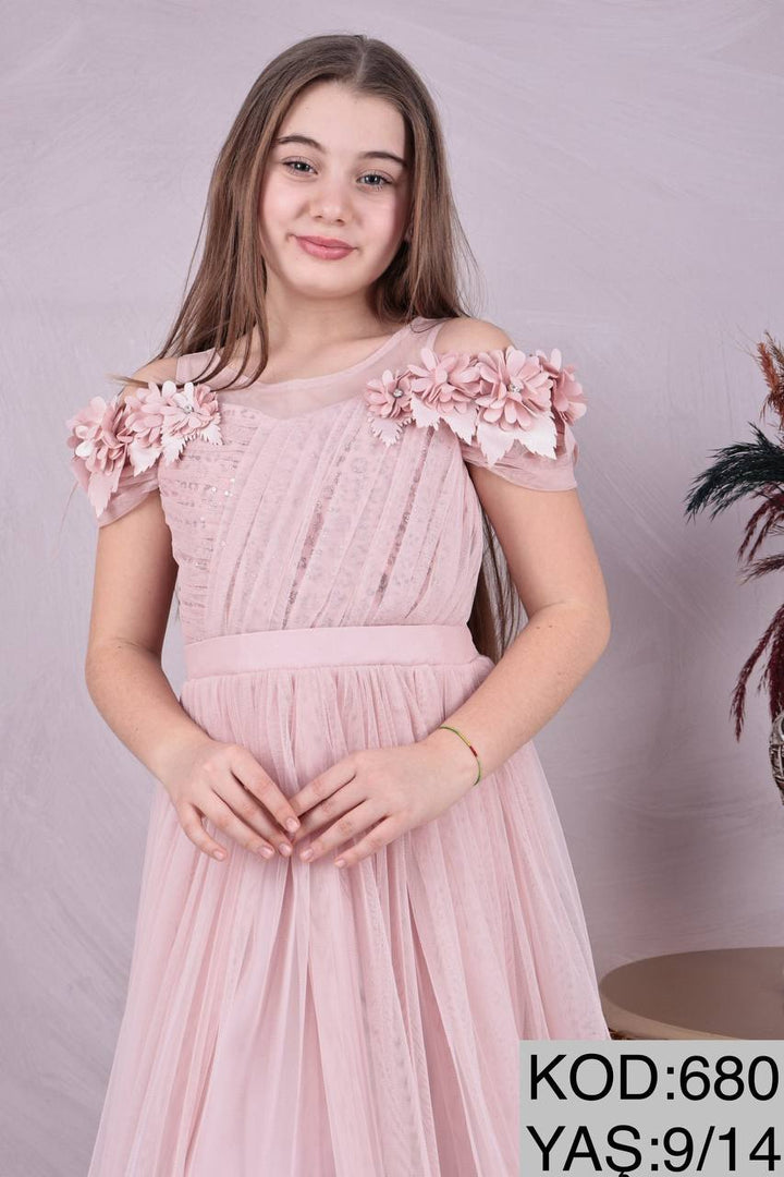 Nayan Blush Pink Long Tulle Birthday Party Dress for Girls