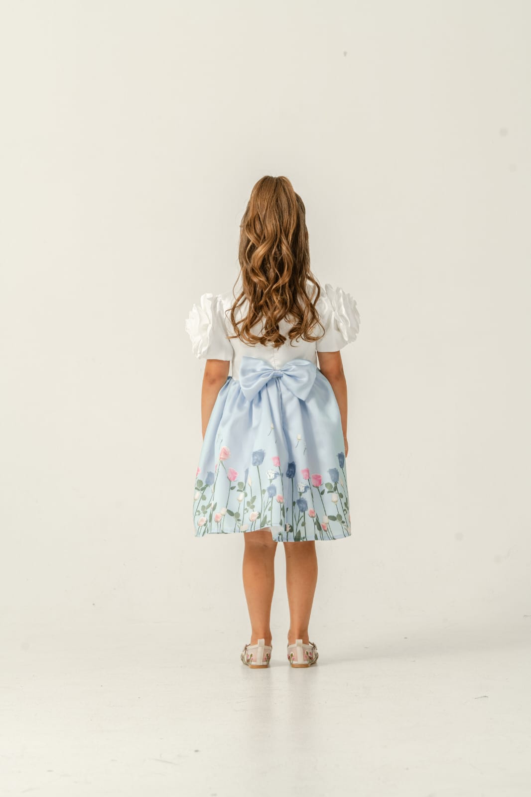Liora Girls White & Blue Floral Party Dress with Puff Sleeves