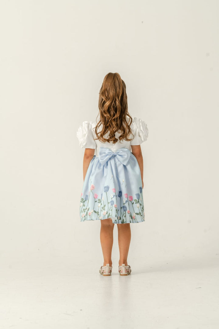 Liora Girls White & Blue Floral Party Dress with Puff Sleeves