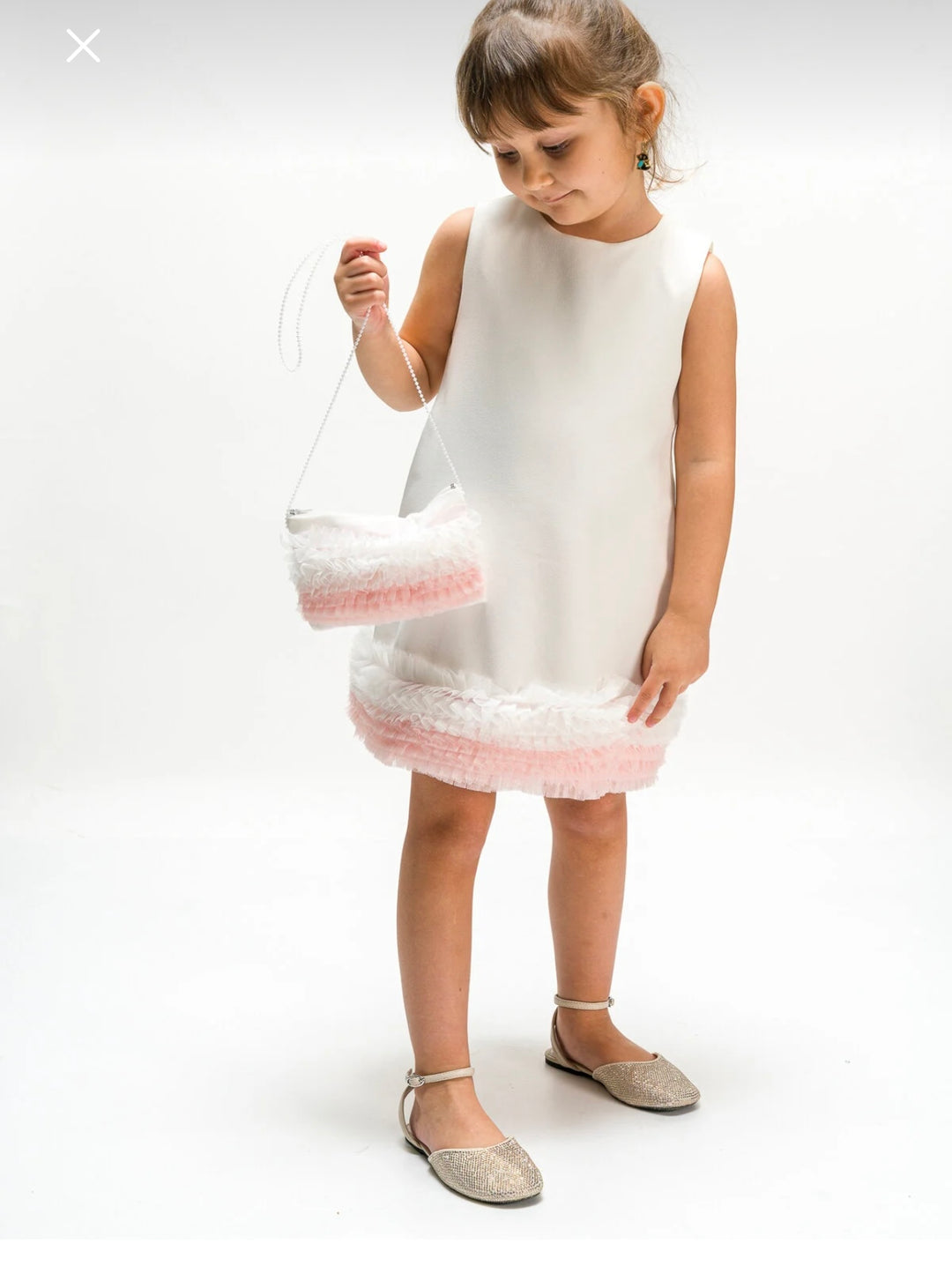 Yusra Girls White Sleeveless Dress with Flower Detail
