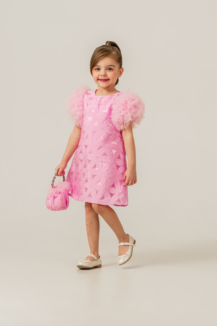 Valentina Girls Pink Textured Party Dress with Fluffy Sleeves