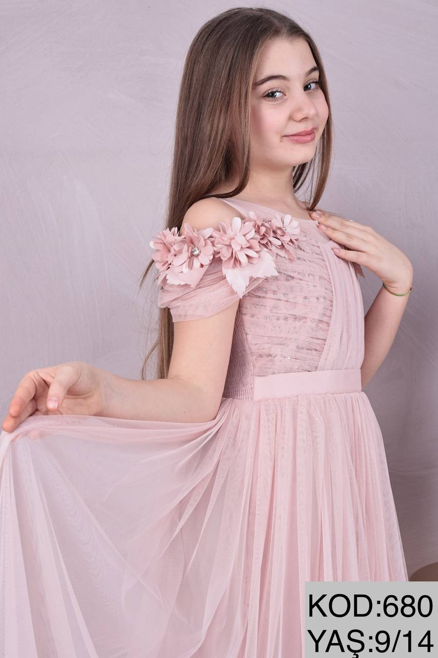 Nayan Blush Pink Long Tulle Birthday Party Dress for Girls