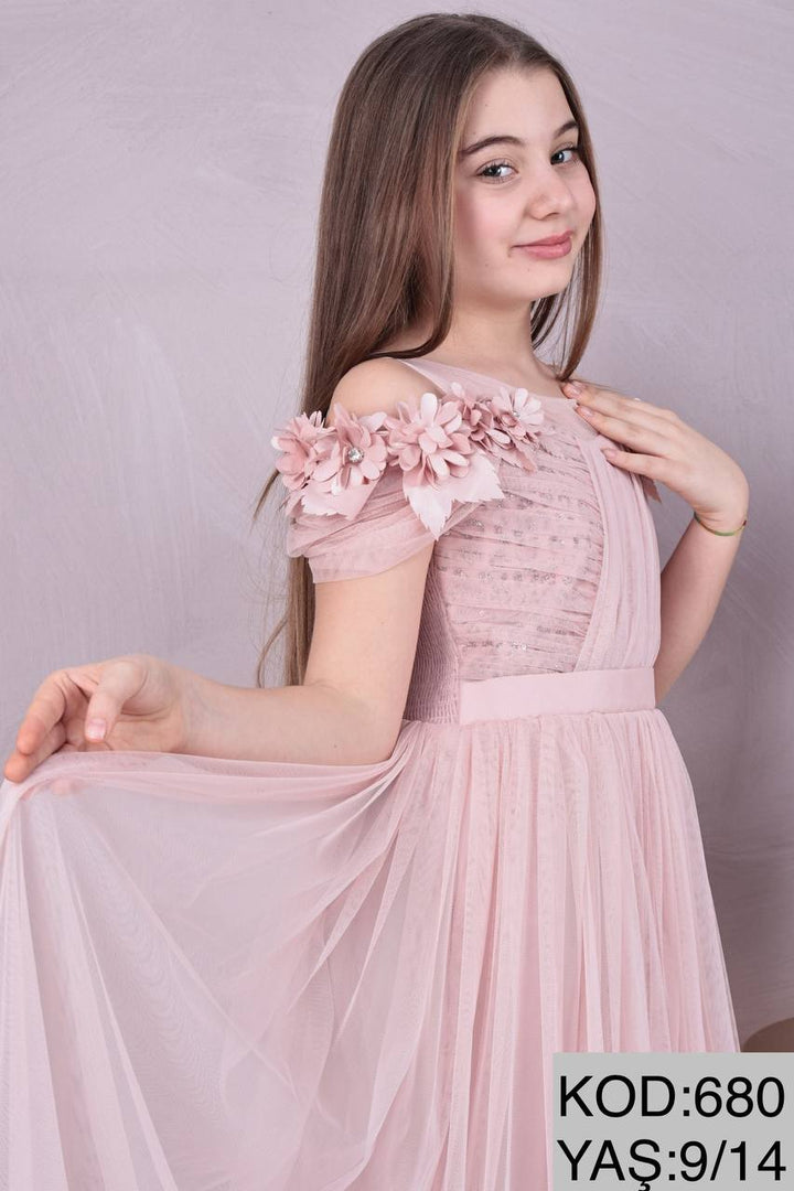 Nayan Blush Pink Long Tulle Birthday Party Dress for Girls