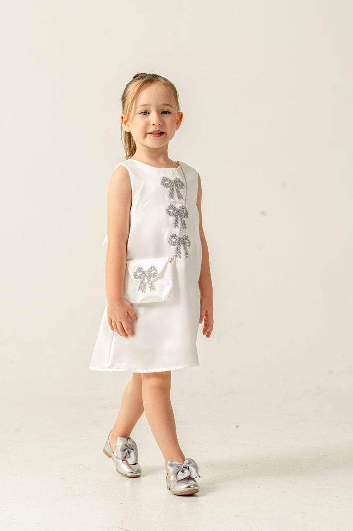 Layana White Glitter Bow Dress With Matching Purse