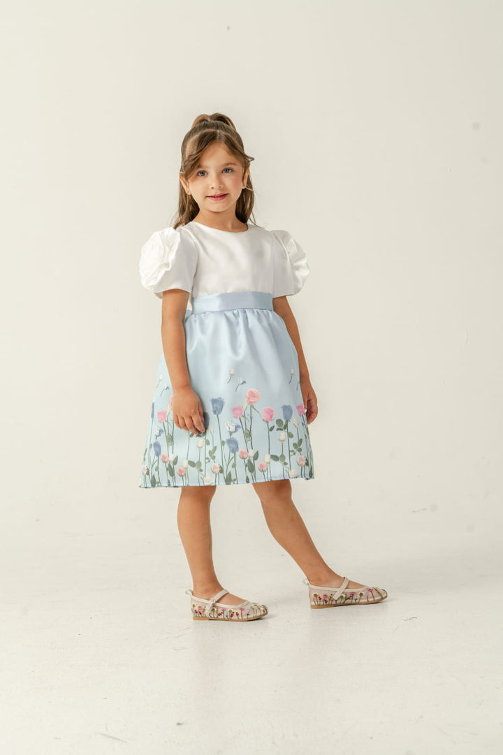 Liora Girls White & Blue Floral Party Dress with Puff Sleeves