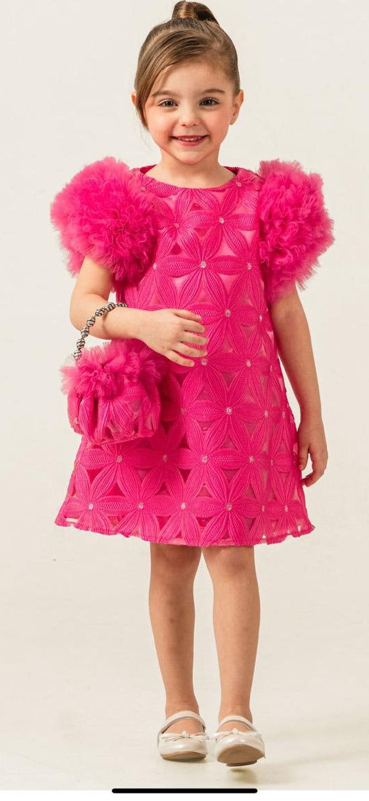 Valentina Girls Hot Pink Textured Party Dress with Fluffy Sleeves