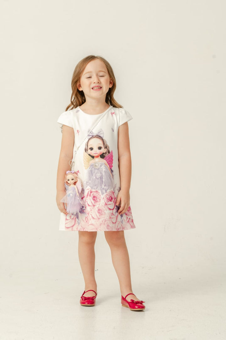 Alara Girls White Printed Party Dress with Doll Motif