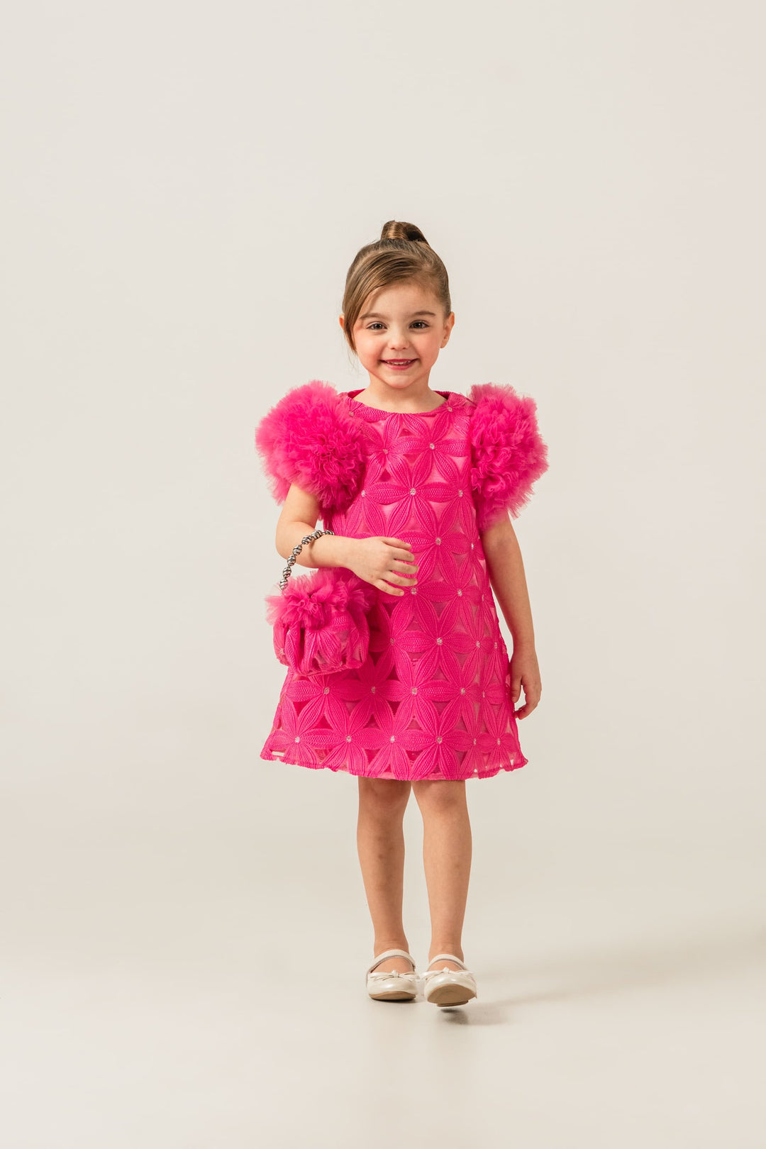 Valentina Girls Hot Pink Textured Party Dress with Fluffy Sleeves