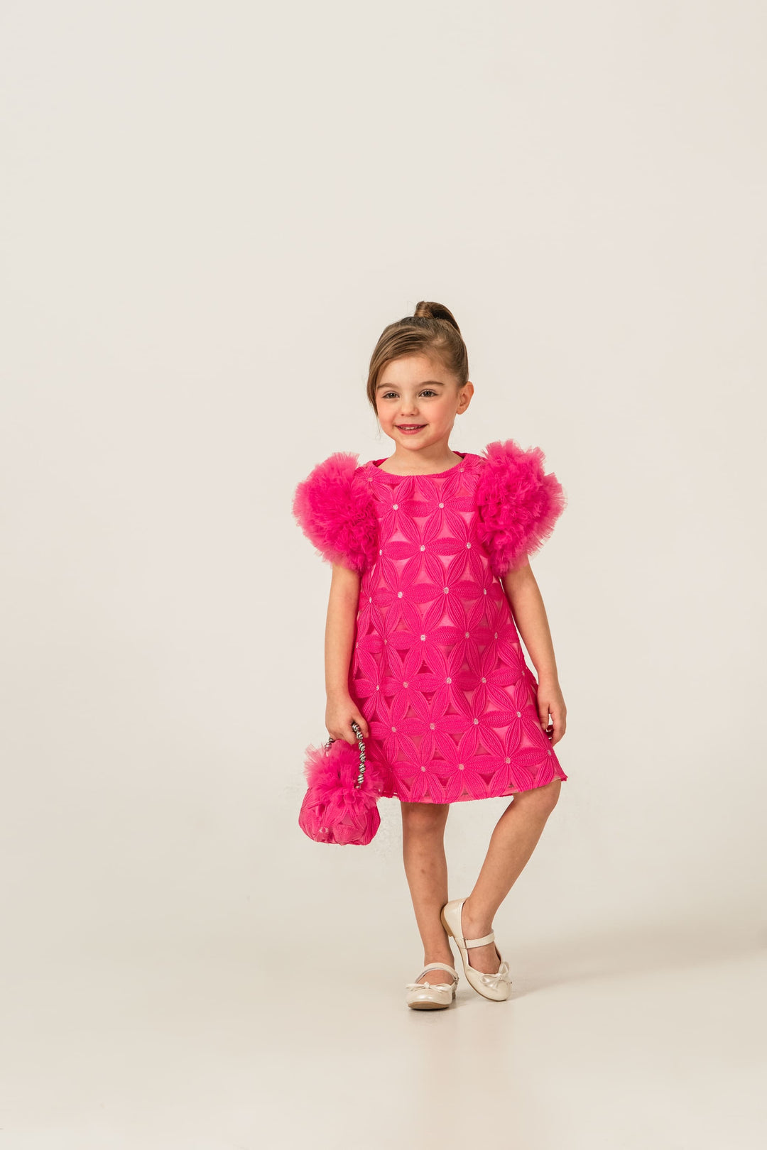 Valentina Girls Hot Pink Textured Party Dress with Fluffy Sleeves