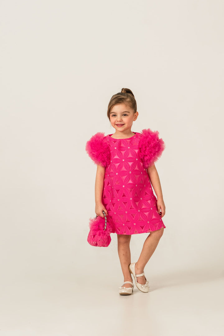Valentina Girls Hot Pink Textured Party Dress with Fluffy Sleeves