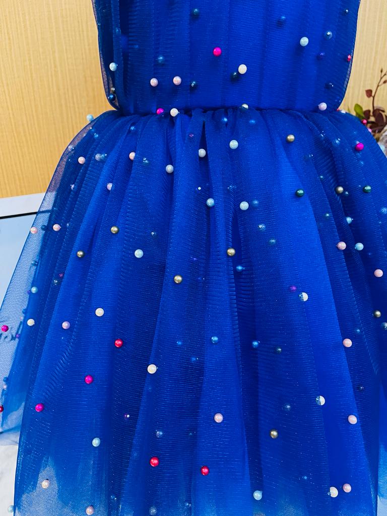 Blue Party Wear Dress with Multicolored Pearl & Beads