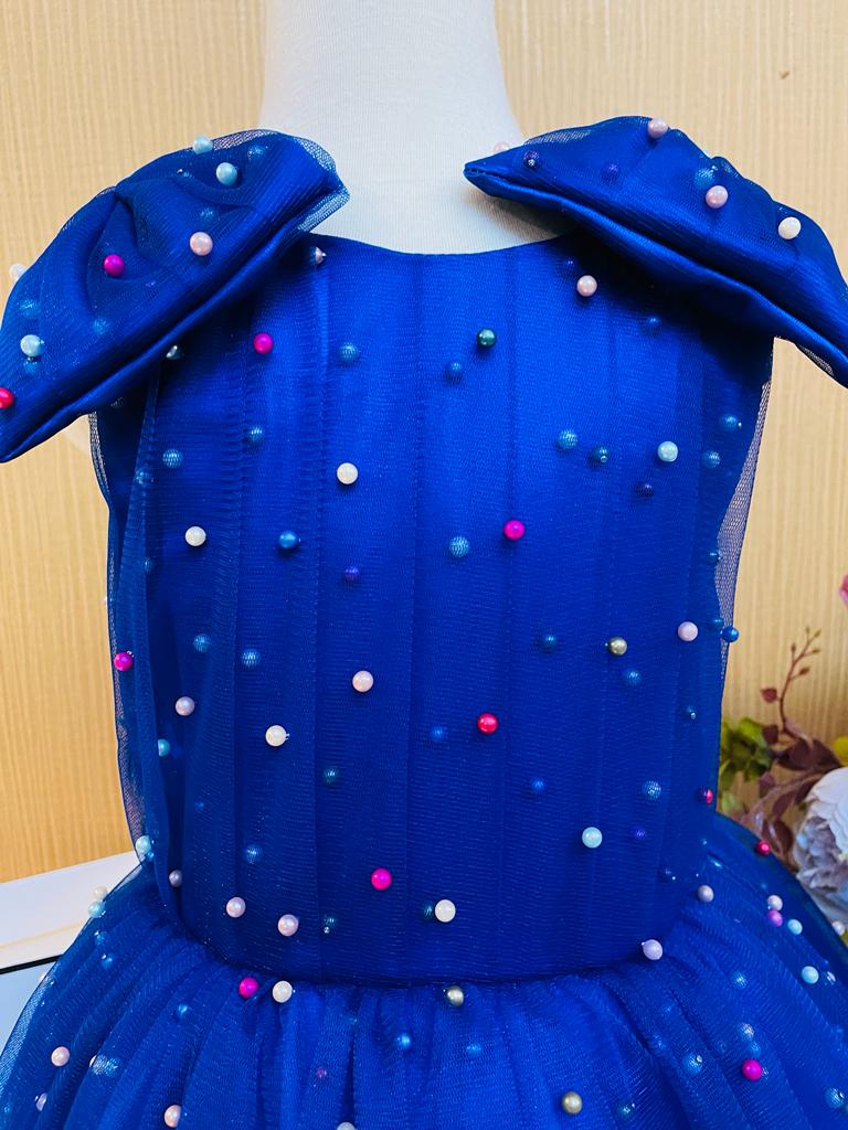 Blue Party Wear Dress with Multicolored Pearl & Beads