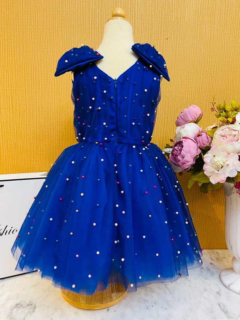 Blue Party Wear Dress with Multicolored Pearl & Beads