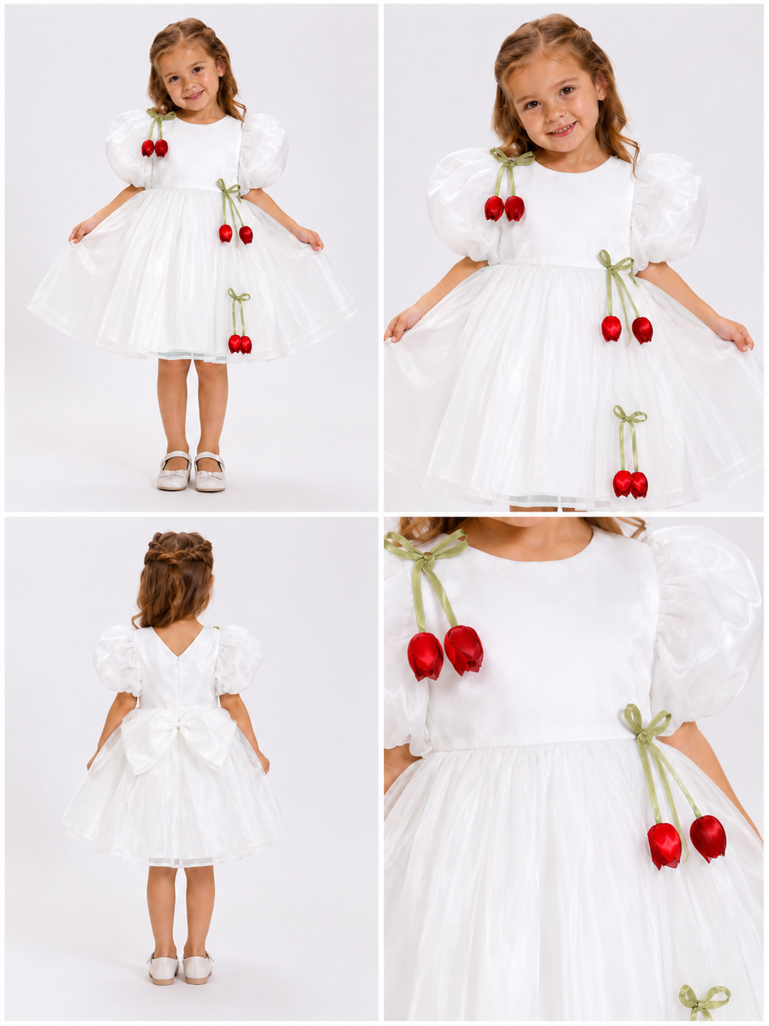Bonnie White Girls Floral Cherry Birthday Party Dress