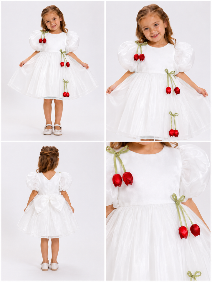 Bonnie White Girls Floral Cherry Birthday Party Dress