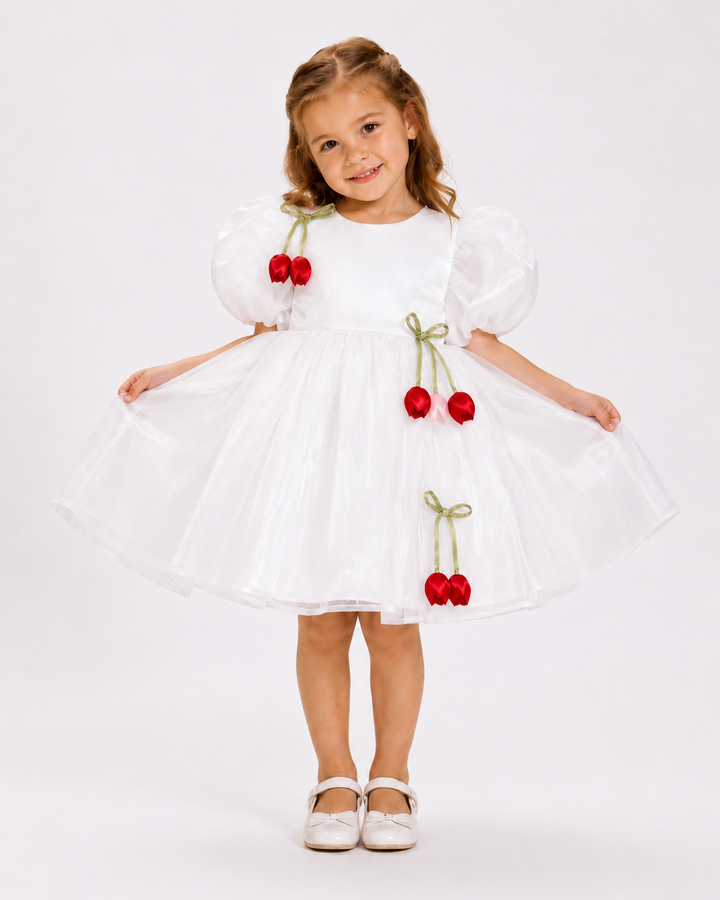 Bonnie White Girls Floral Cherry Birthday Party Dress