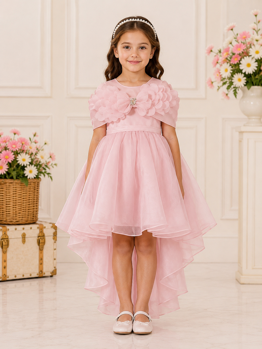 Annie Blush Pink Girls High-Low Floral Party Dress