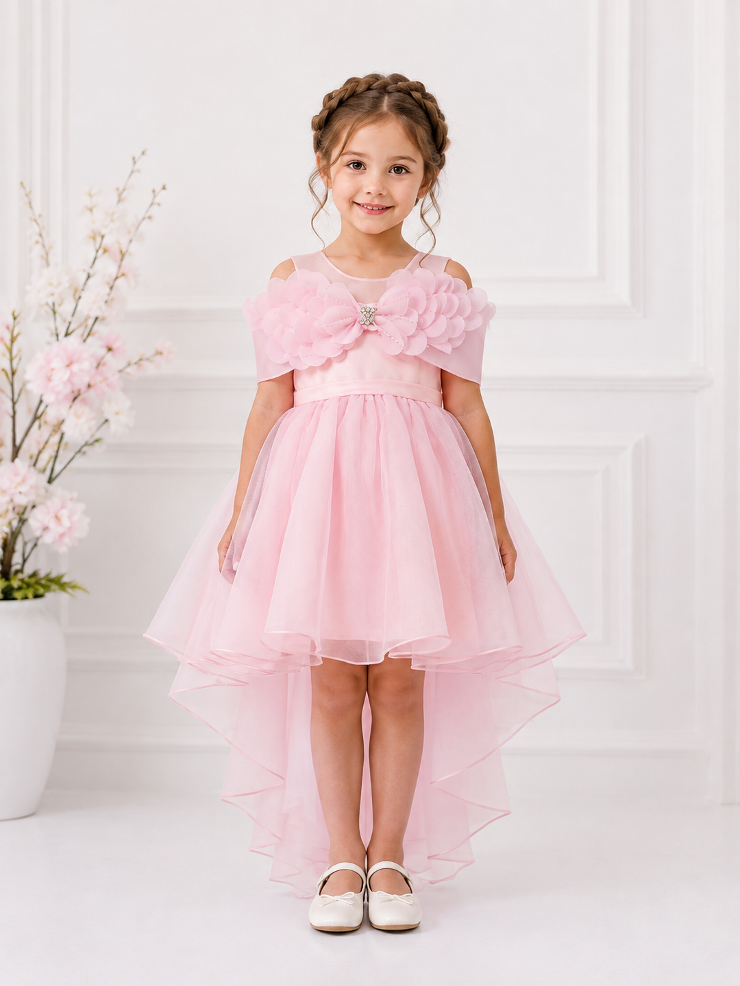 Annie Pink Girls High-Low Floral Party Dress