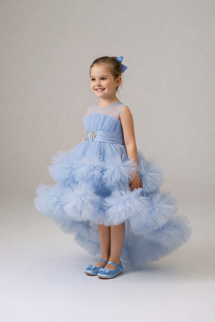 Mehar Blue Layered Tulle Party Dress for Girls