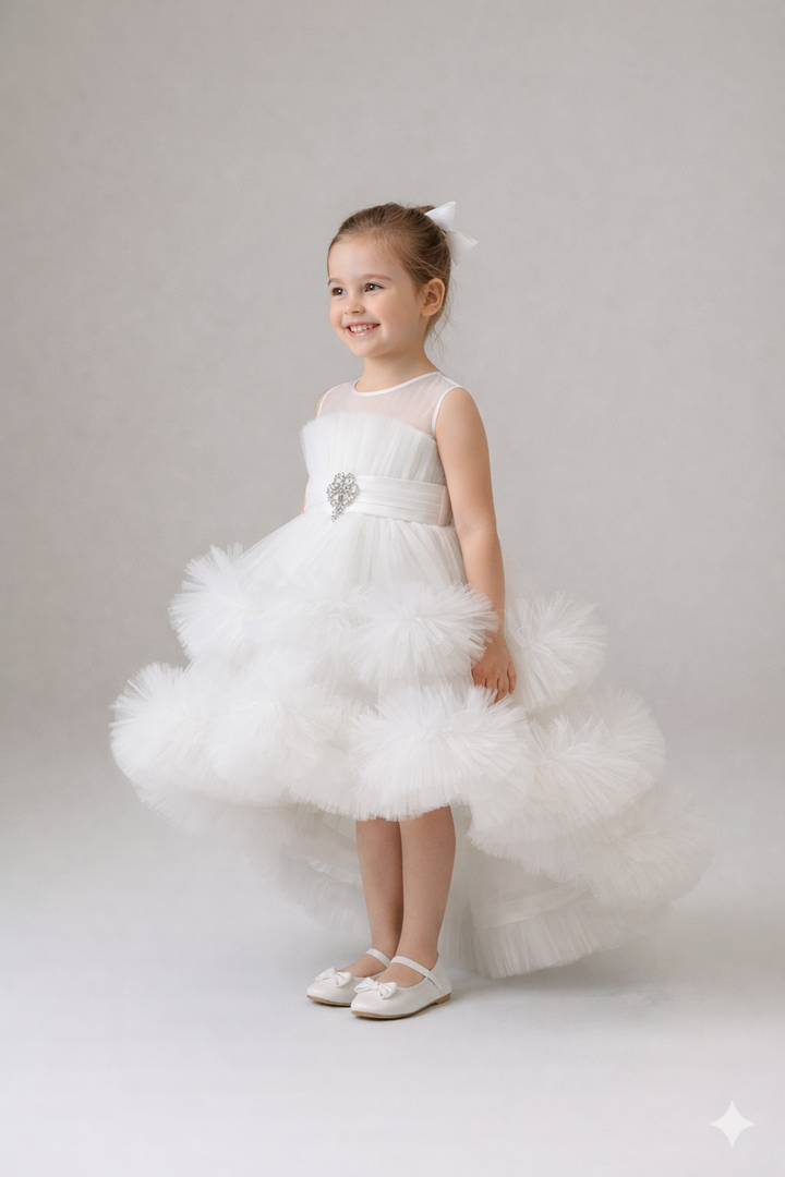 Mehar White Layered Tulle Party Dress for Girls