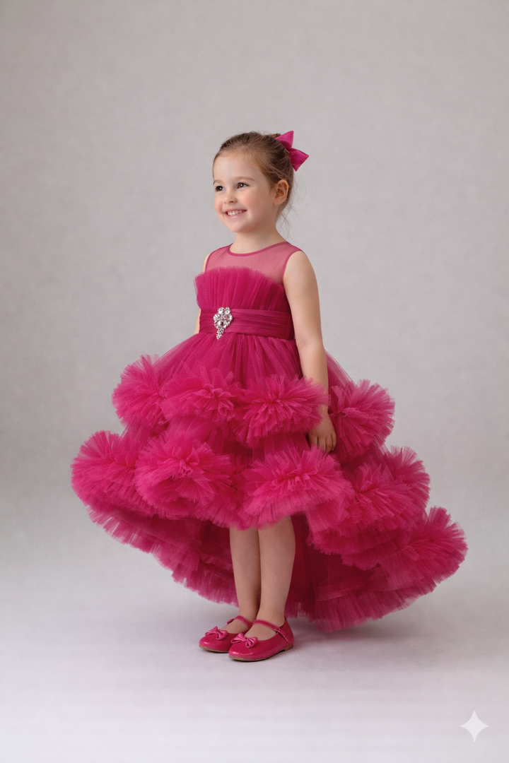 Mehar Fuchsia Layered Tulle Party Dress for Girls