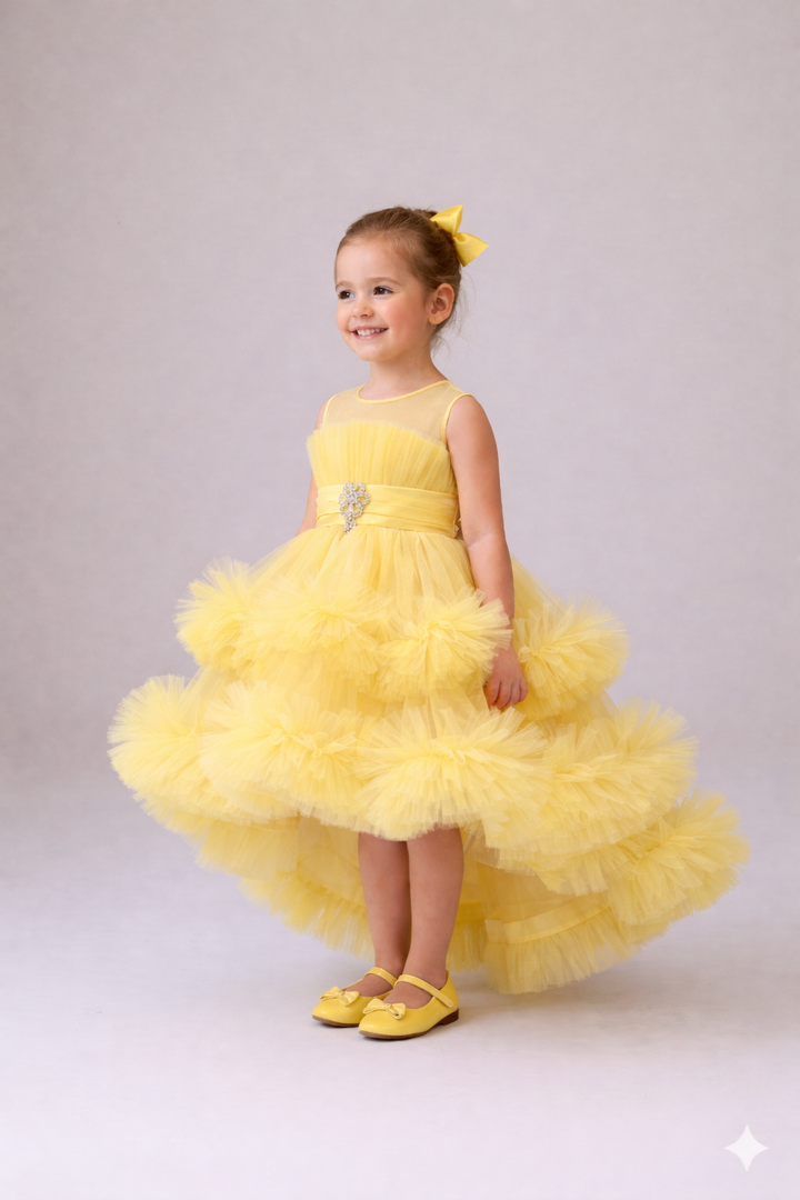 Mehar Yellow Layered Tulle Party Dress for Girls