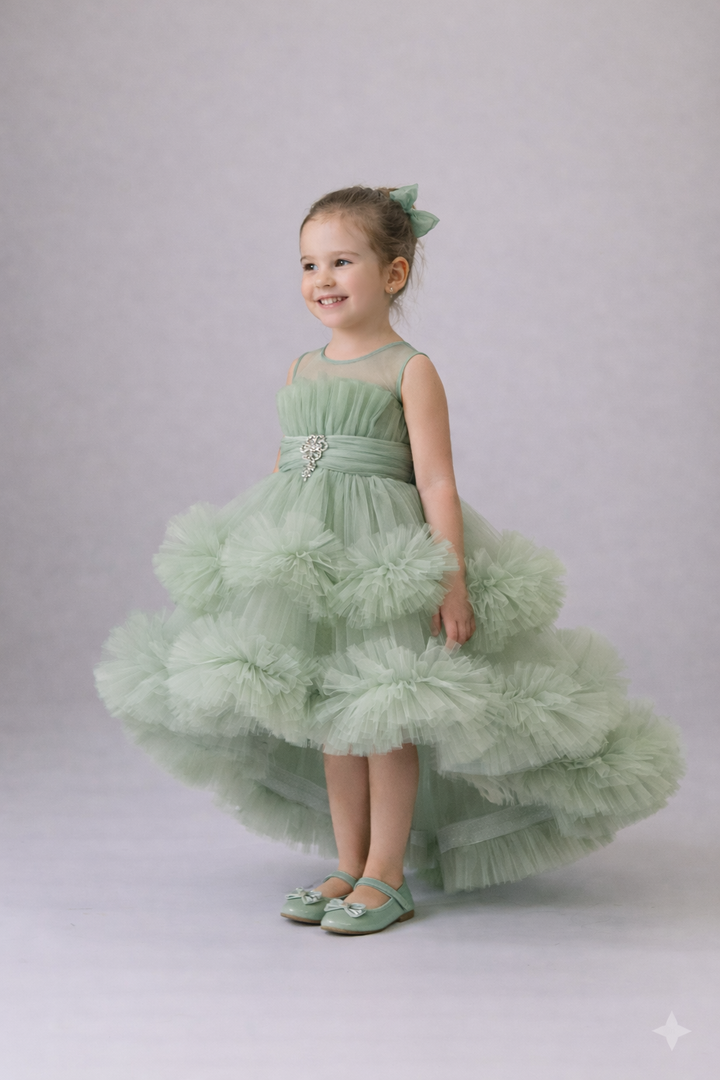 Mehar Olive Green Layered Tulle Party Dress for Girls