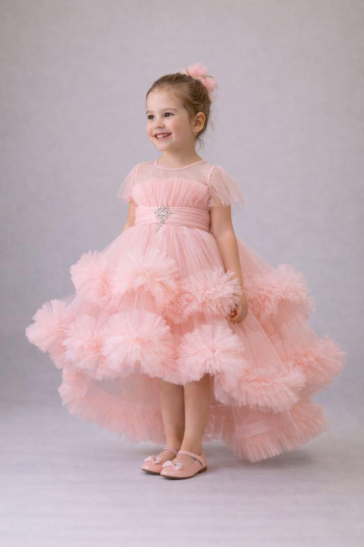 Mehar Peach Layered Tulle Party Dress for Girls
