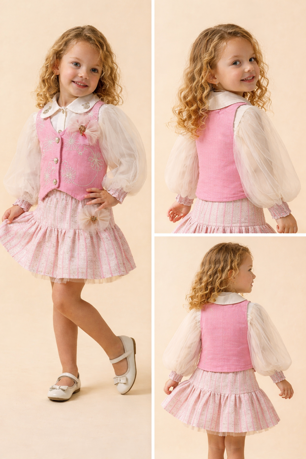 Jannah Girls Pink Embroidered Vest Dress with Sheer Puff Sleeves & Pleated Skirt
