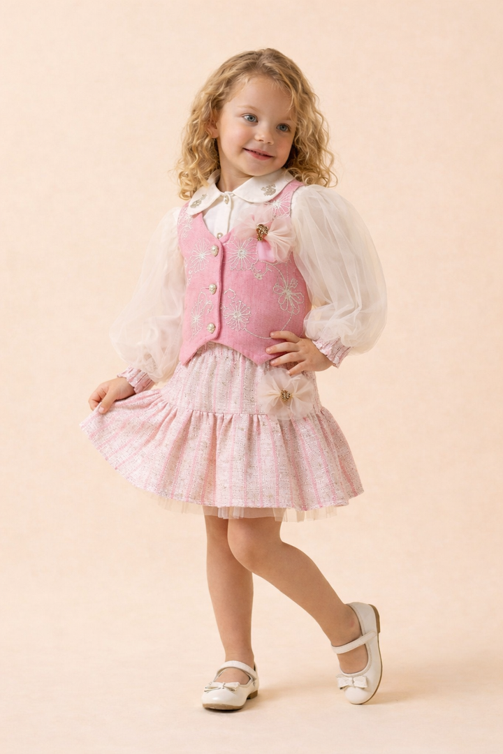 Jannah Girls Pink Embroidered Vest Dress with Sheer Puff Sleeves & Pleated Skirt