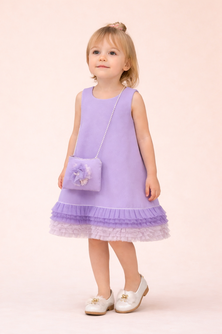 Yusra Girls Lavender Sleeveless Dress with Flower Detail
