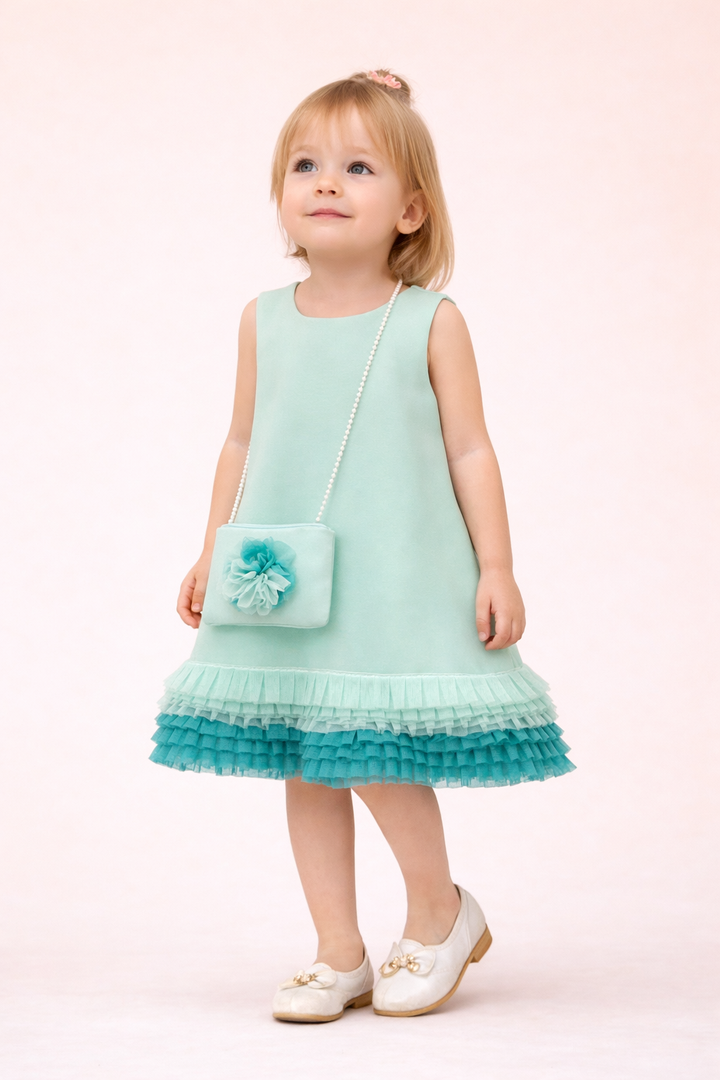 Yusra Girls Mint Green Sleeveless Dress with Flower Detail