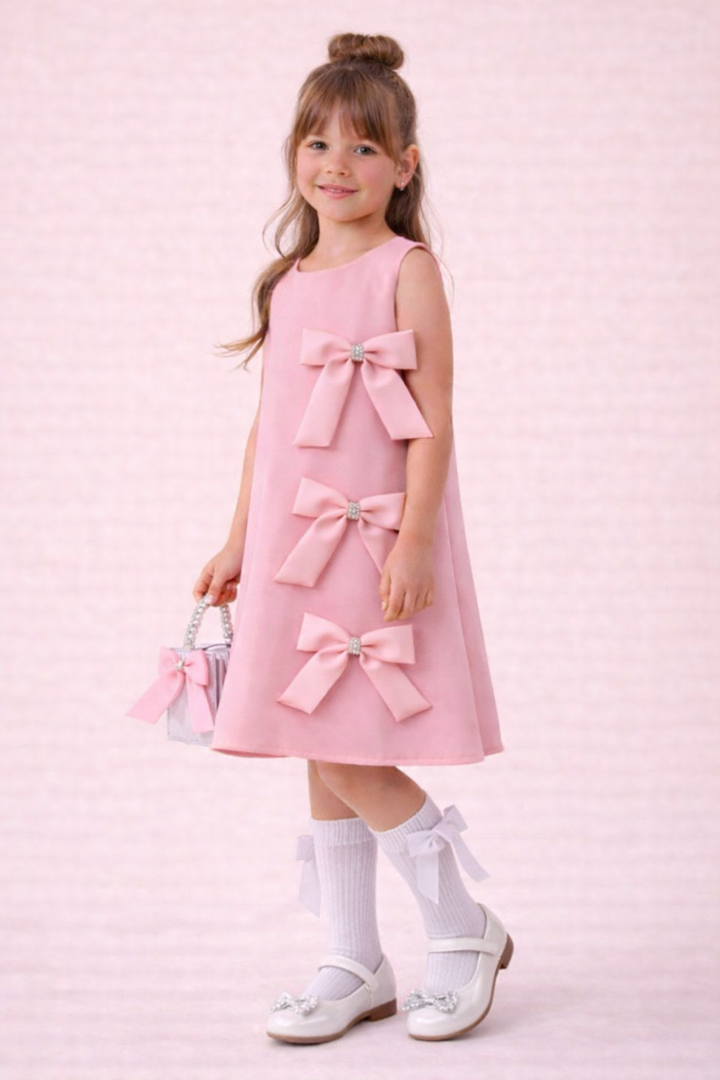 Celestine Girls Elegant Pink A-Line Dress with Triple Side Bow