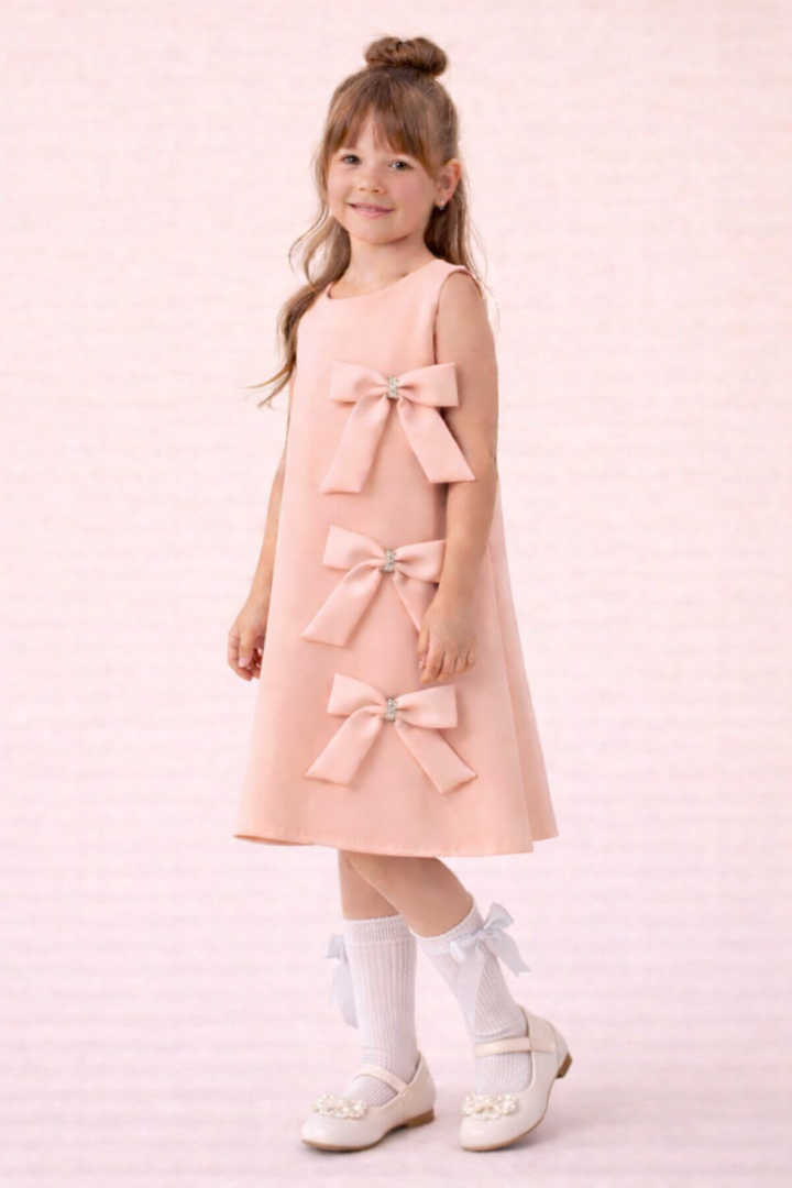 Celestine Girls Elegant Peach A-Line Dress with Triple Side Bow