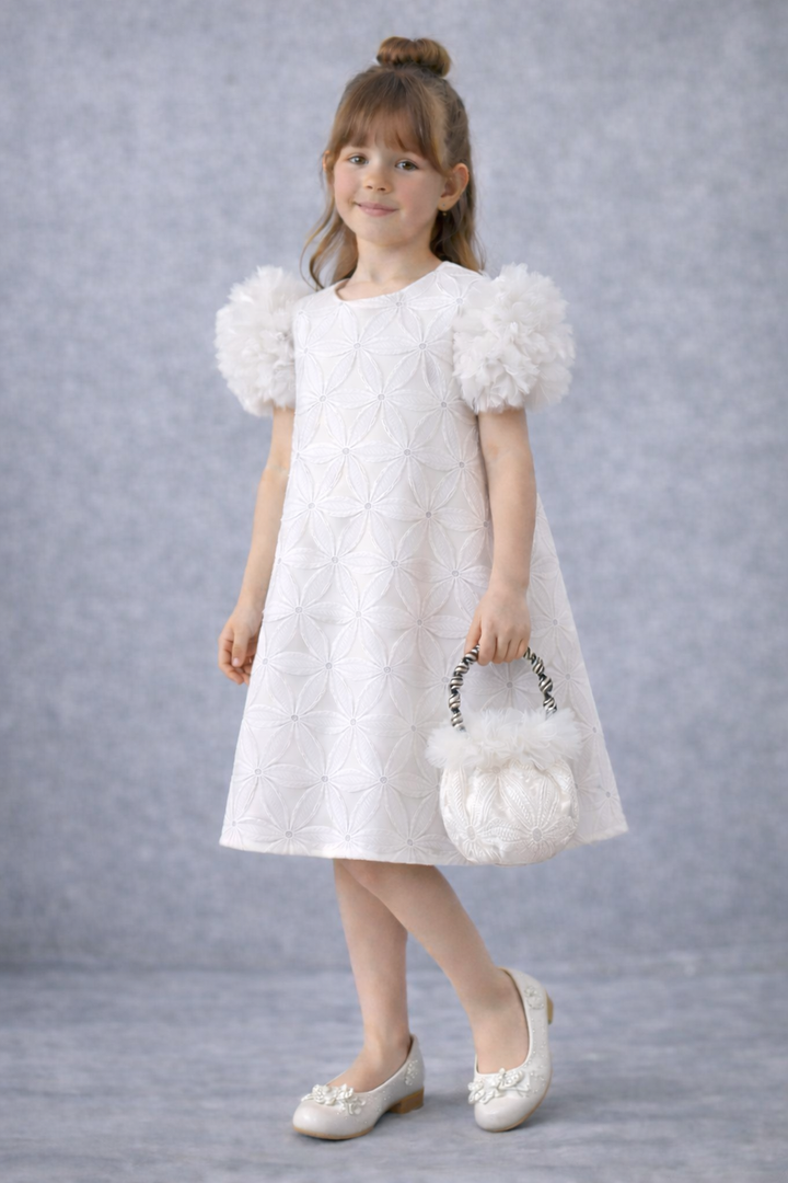 Valentina Girls White Textured Party Dress with Fluffy Sleeves