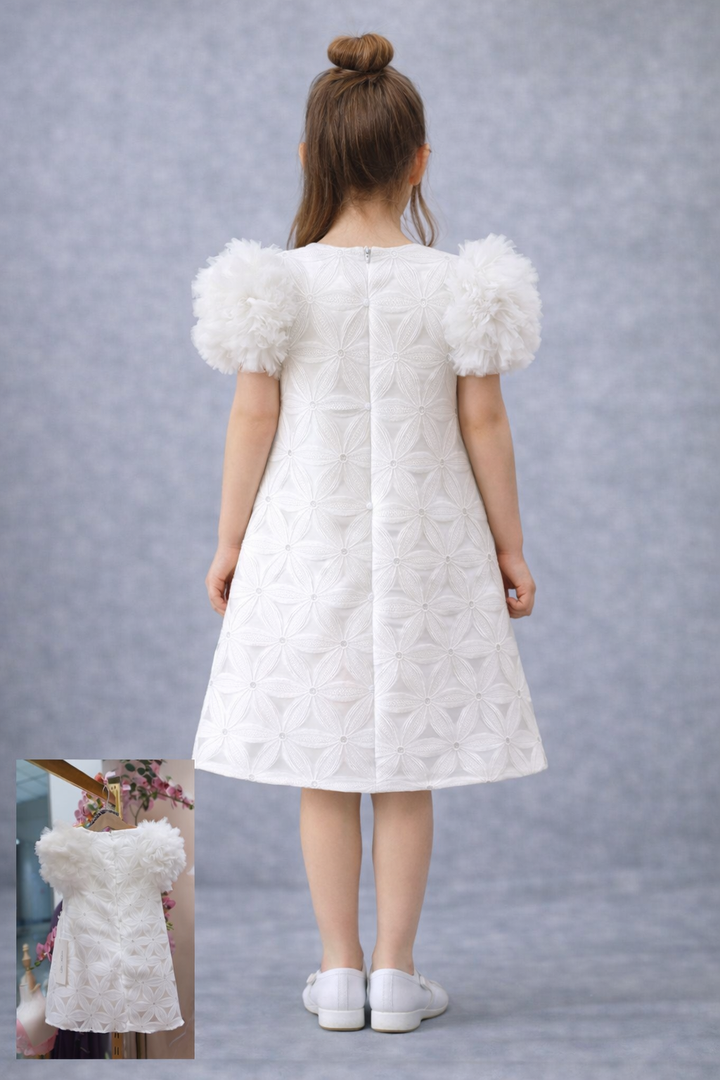 Valentina Girls White Textured Party Dress with Fluffy Sleeves