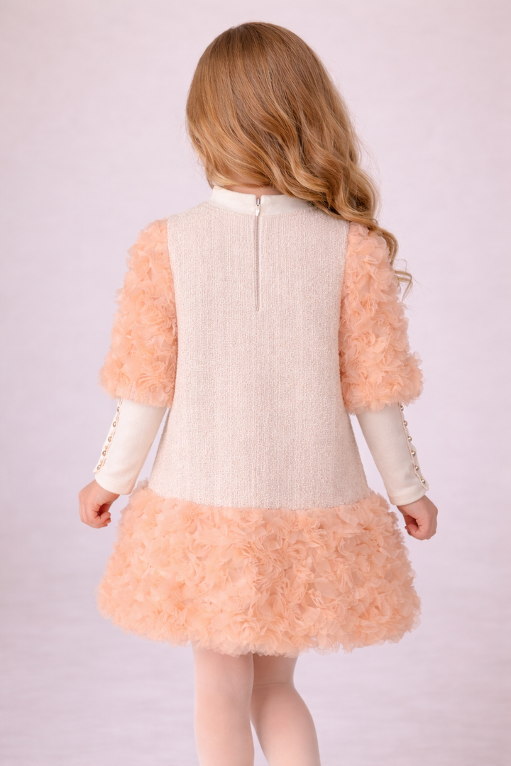 Zaliya Girls Coral Peach & Ivory Floral Dress with Rosette Detailing