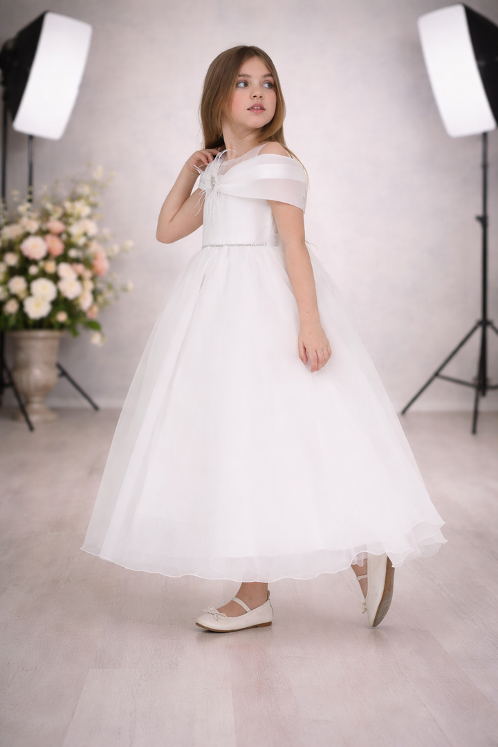 Rehanna Girls White Feather Party Gown