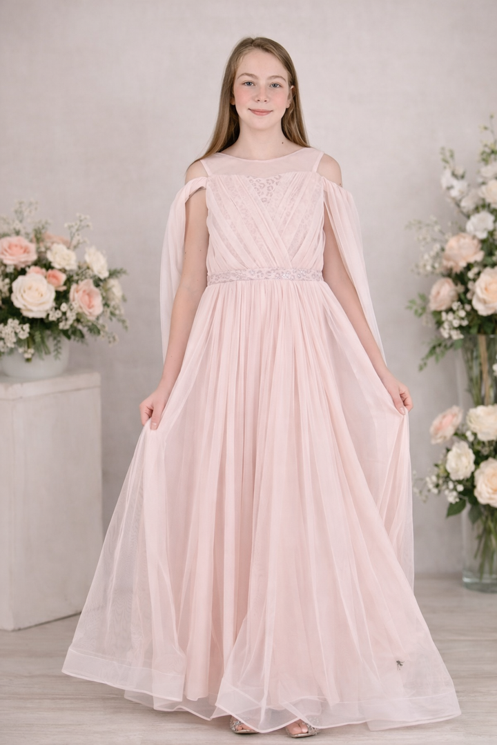 Myra Girls Soft Pink Cape-Style Princess Gown