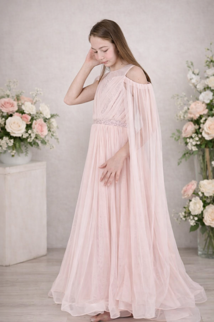 Myra Girls Soft Pink Cape-Style Princess Gown