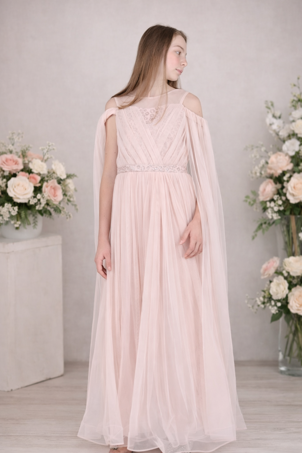 Myra Girls Soft Pink Cape-Style Princess Gown