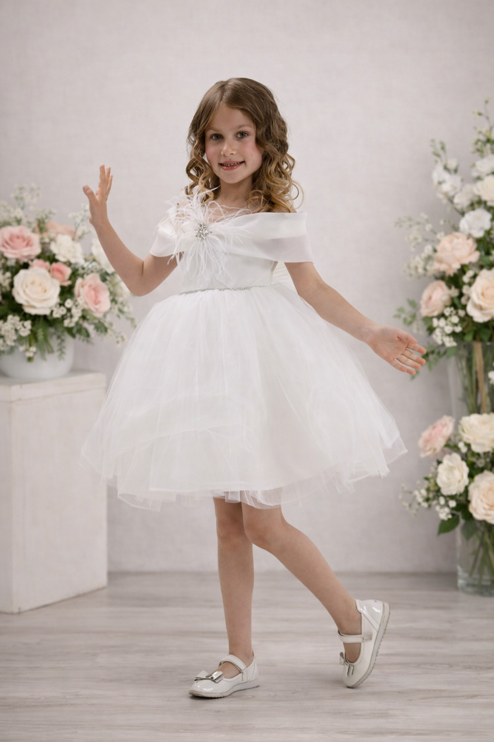 Naomi Girls White Feather Party Dress